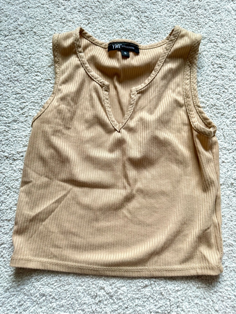 YMI Tan Ribbed V-Neck Sleeveless Crop Top